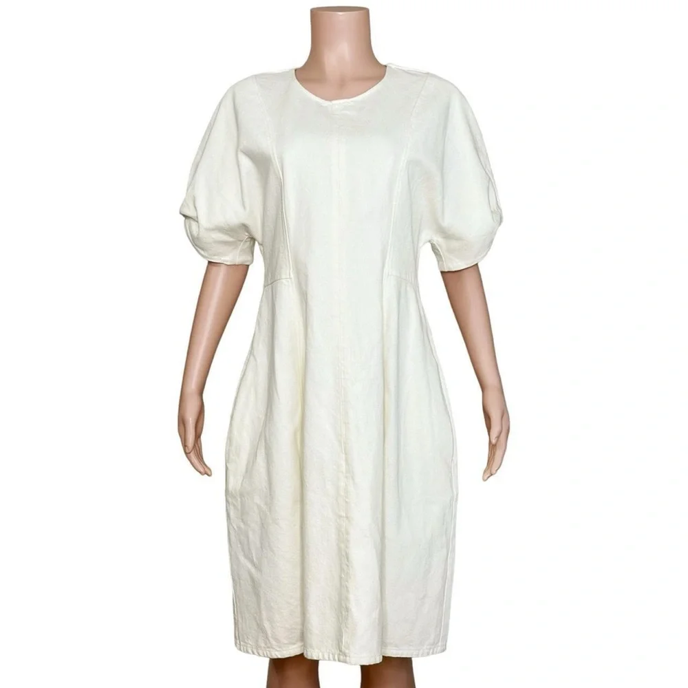 COS Puff Sleeve Organic Cotton Denim Mini Dress, White, 12 (US)